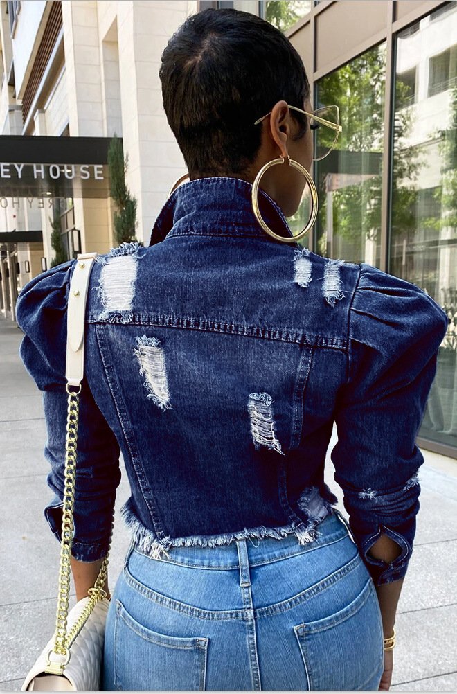 Plus Size 5XL Women Denim Jeans Jacket Short Worn Jeans Coat Female Lady Puff Sleeve Holes Ripped Blue Black Denim Coat Top