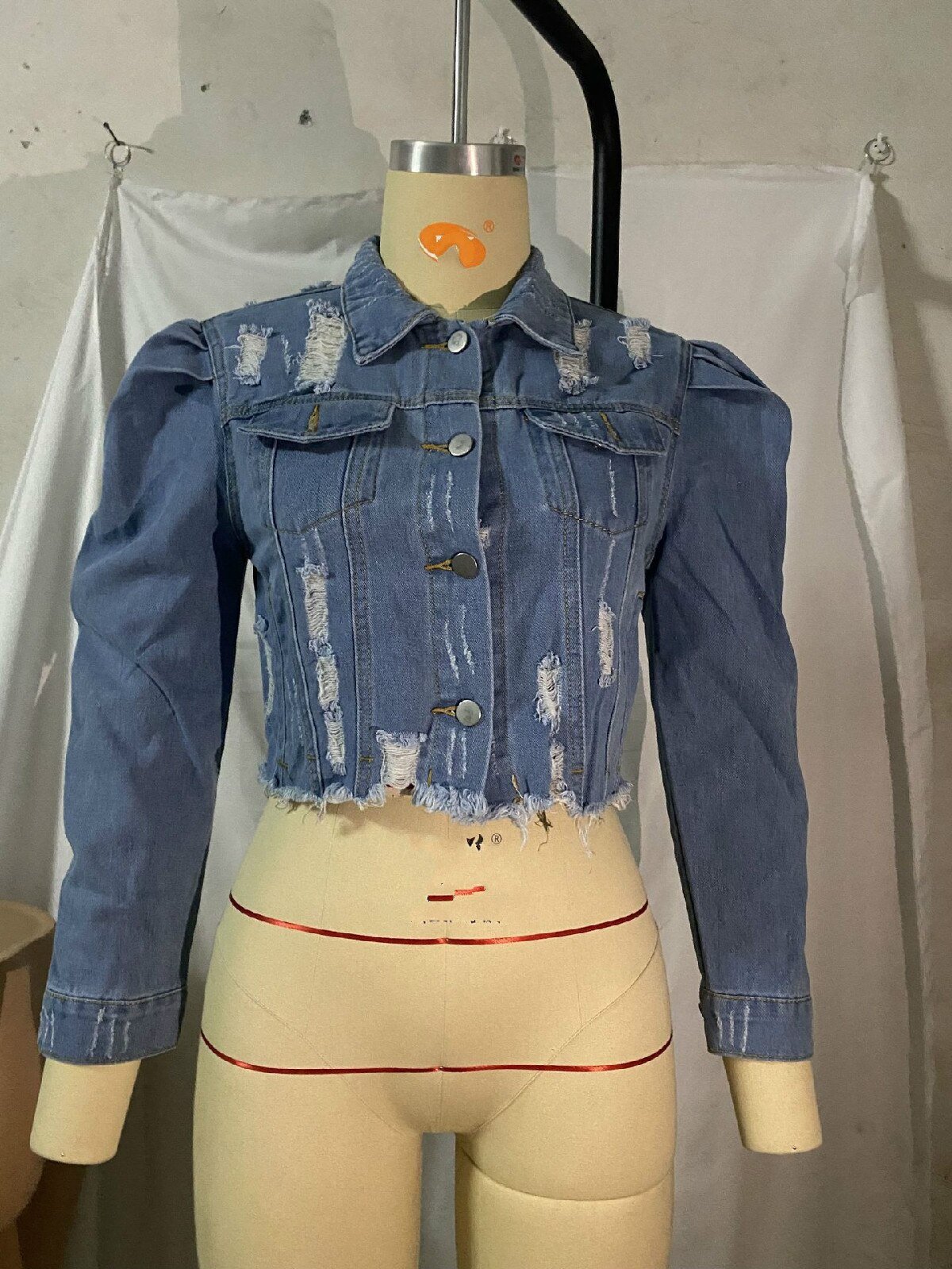 Plus Size 5XL Women Denim Jeans Jacket Short Worn Jeans Coat Female Lady Puff Sleeve Holes Ripped Blue Black Denim Coat Top