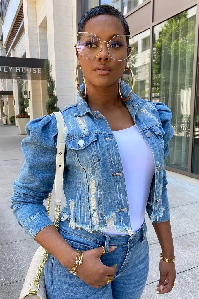 Plus Size 5XL Women Denim Jeans Jacket Short Worn Jeans Coat Female Lady Puff Sleeve Holes Ripped Blue Black Denim Coat Top