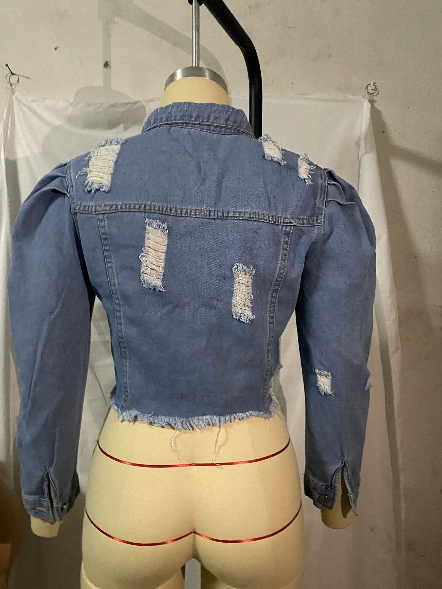 Plus Size 5XL Women Denim Jeans Jacket Short Worn Jeans Coat Female Lady Puff Sleeve Holes Ripped Blue Black Denim Coat Top