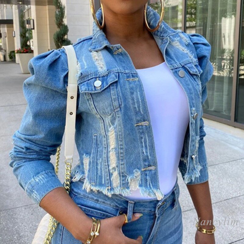 Plus Size 5XL Women Denim Jeans Jacket Short Worn Jeans Coat Female Lady Puff Sleeve Holes Ripped Blue Black Denim Coat Top
