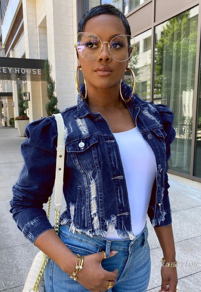 Plus Size 5XL Women Denim Jeans Jacket Short Worn Jeans Coat Female Lady Puff Sleeve Holes Ripped Blue Black Denim Coat Top