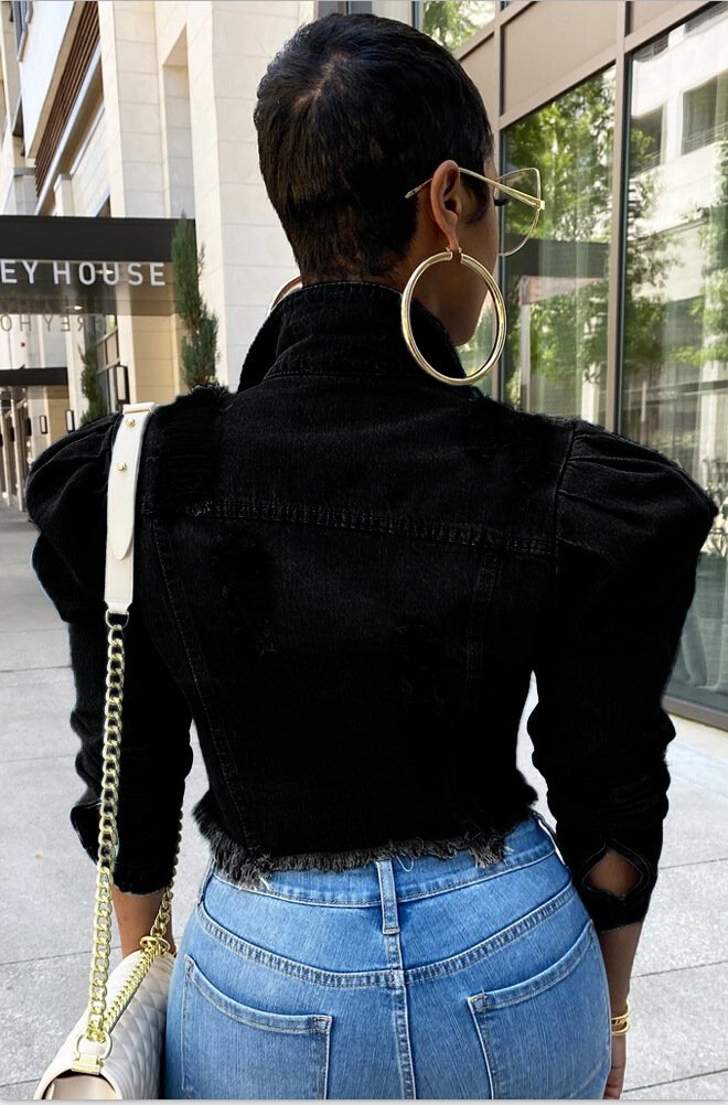 Plus Size 5XL Women Denim Jeans Jacket Short Worn Jeans Coat Female Lady Puff Sleeve Holes Ripped Blue Black Denim Coat Top
