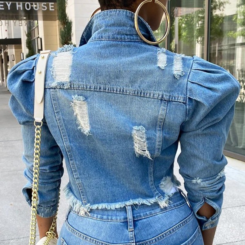 Plus Size 5XL Women Denim Jeans Jacket Short Worn Jeans Coat Female Lady Puff Sleeve Holes Ripped Blue Black Denim Coat Top