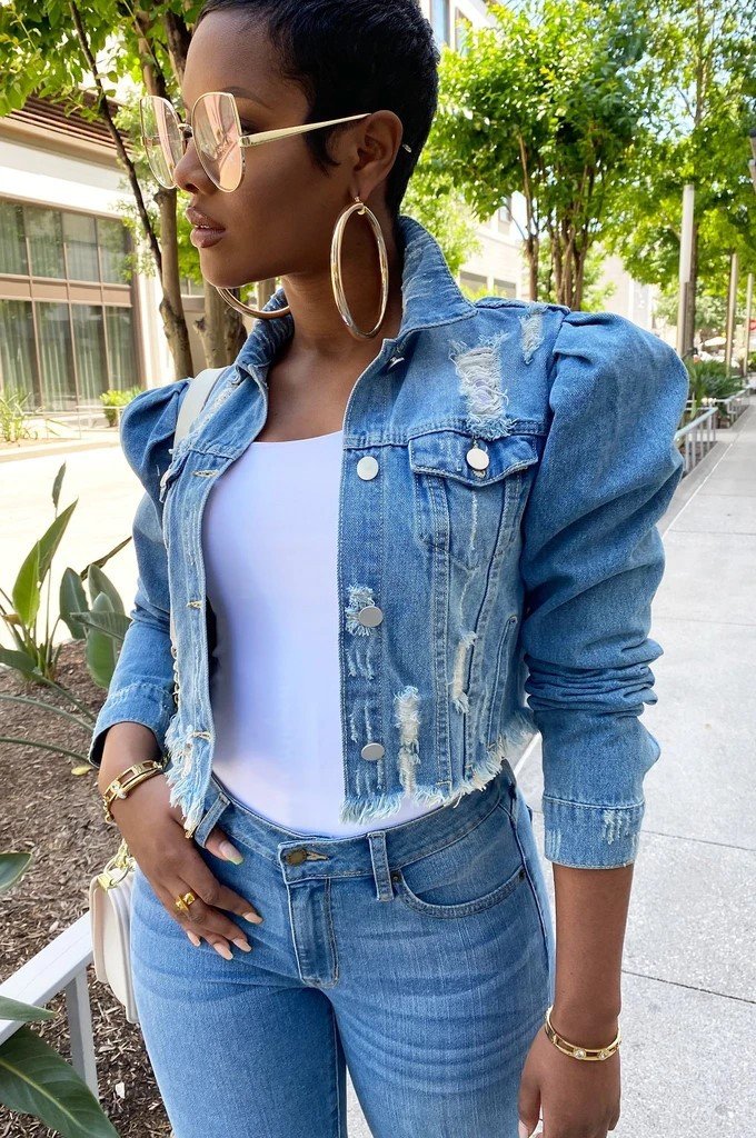 Plus Size 5XL Women Denim Jeans Jacket Short Worn Jeans Coat Female Lady Puff Sleeve Holes Ripped Blue Black Denim Coat Top