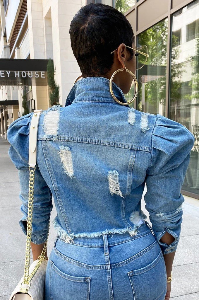Plus Size 5XL Women Denim Jeans Jacket Short Worn Jeans Coat Female Lady Puff Sleeve Holes Ripped Blue Black Denim Coat Top