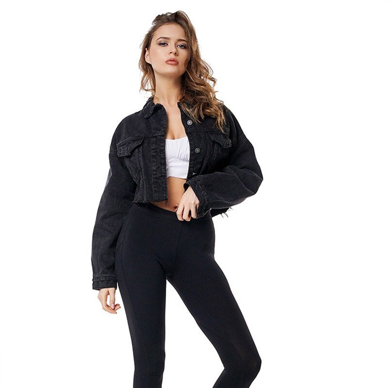 Boyfriend Jean Jacket Women Oversized Crop Denim Jackets Vintage Long Sleeve short Jacket Casual Loose Coat black bomber jacket