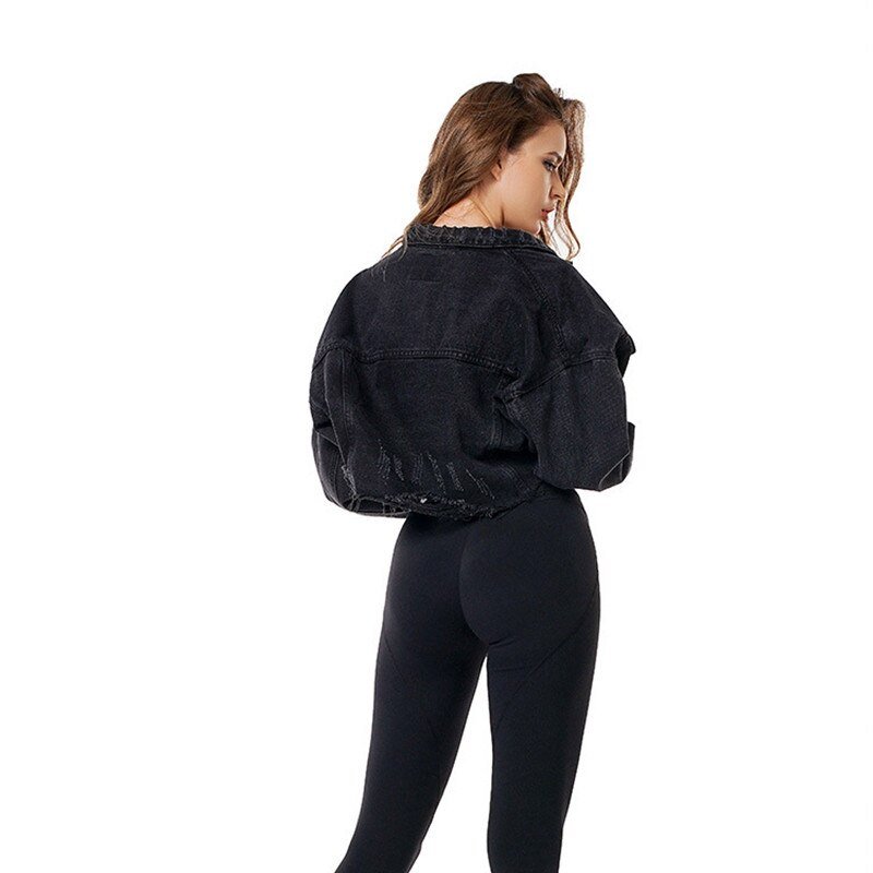 Boyfriend Jean Jacket Women Oversized Crop Denim Jackets Vintage Long Sleeve short Jacket Casual Loose Coat black bomber jacket