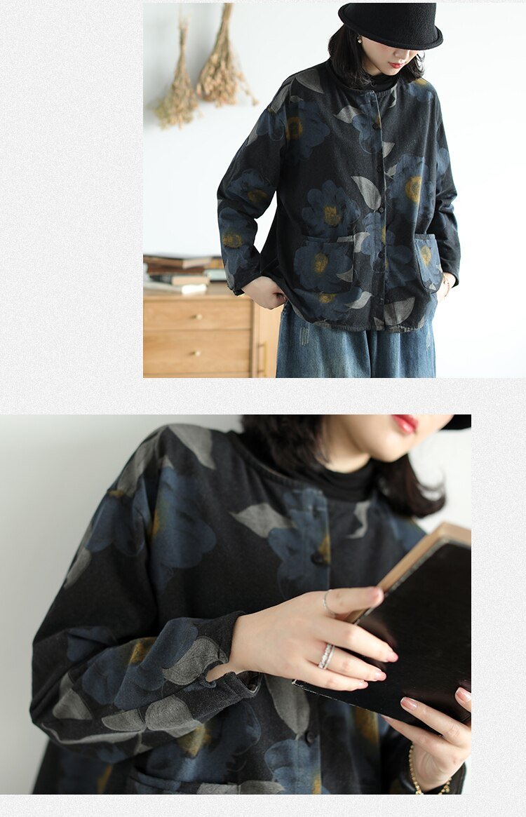 Autumn new style knitted denim print jacket women retro literary long-sleeved single-breasted pocket top 2830
