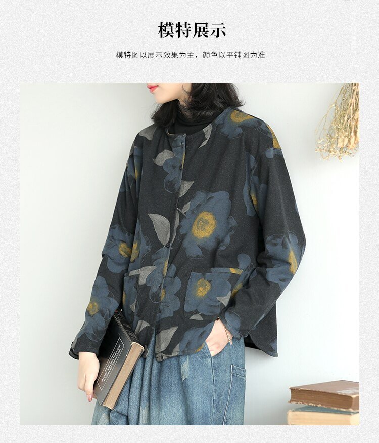 Autumn new style knitted denim print jacket women retro literary long-sleeved single-breasted pocket top 2830