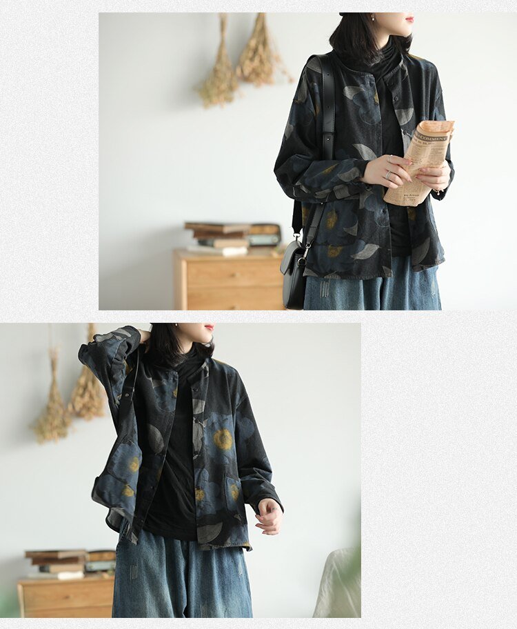 Autumn new style knitted denim print jacket women retro literary long-sleeved single-breasted pocket top 2830