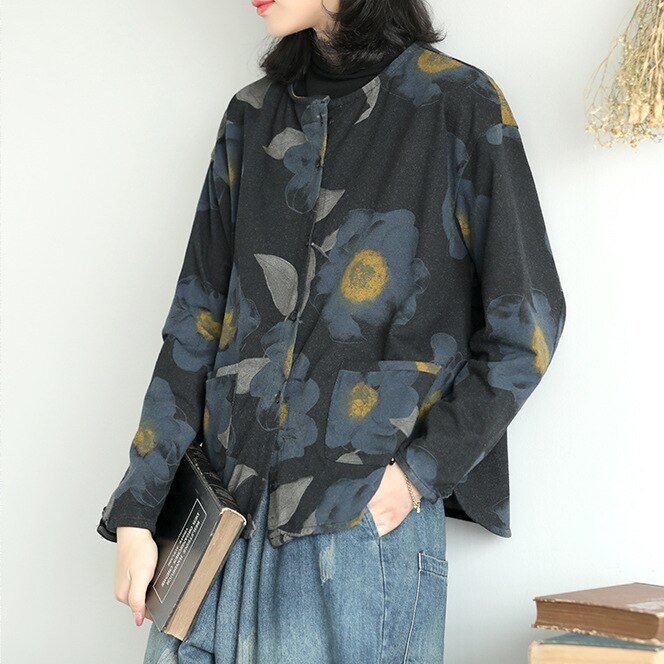 Autumn new style knitted denim print jacket women retro literary long-sleeved single-breasted pocket top 2830
