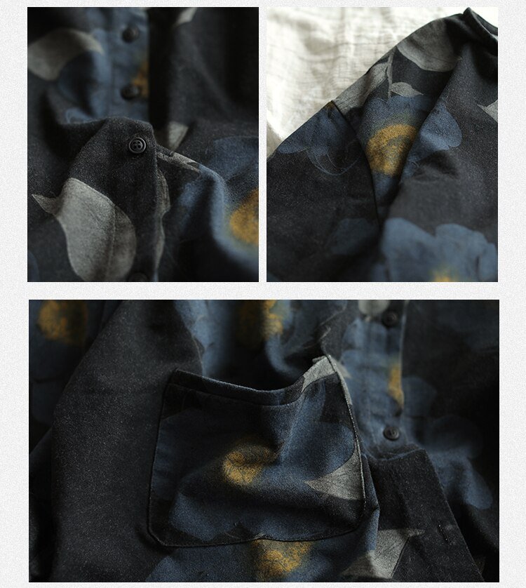 Autumn new style knitted denim print jacket women retro literary long-sleeved single-breasted pocket top 2830