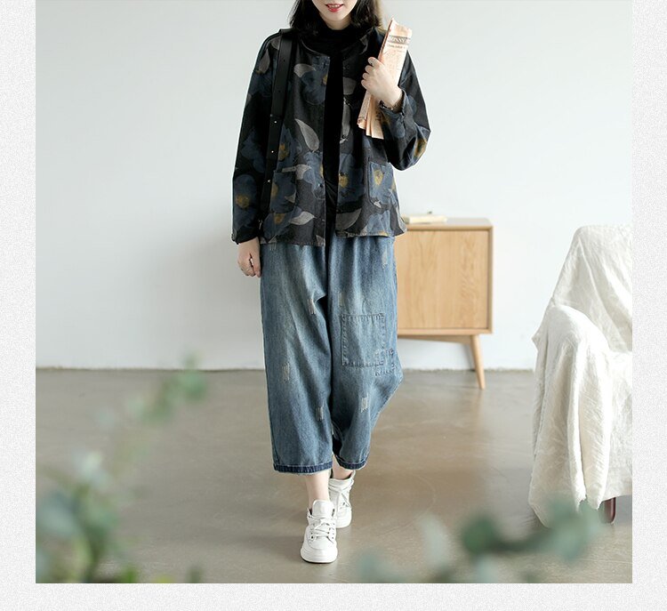 Autumn new style knitted denim print jacket women retro literary long-sleeved single-breasted pocket top 2830