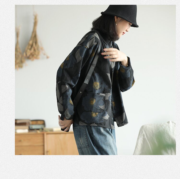 Autumn new style knitted denim print jacket women retro literary long-sleeved single-breasted pocket top 2830