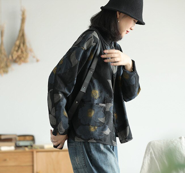 Autumn new style knitted denim print jacket women retro literary long-sleeved single-breasted pocket top 2830