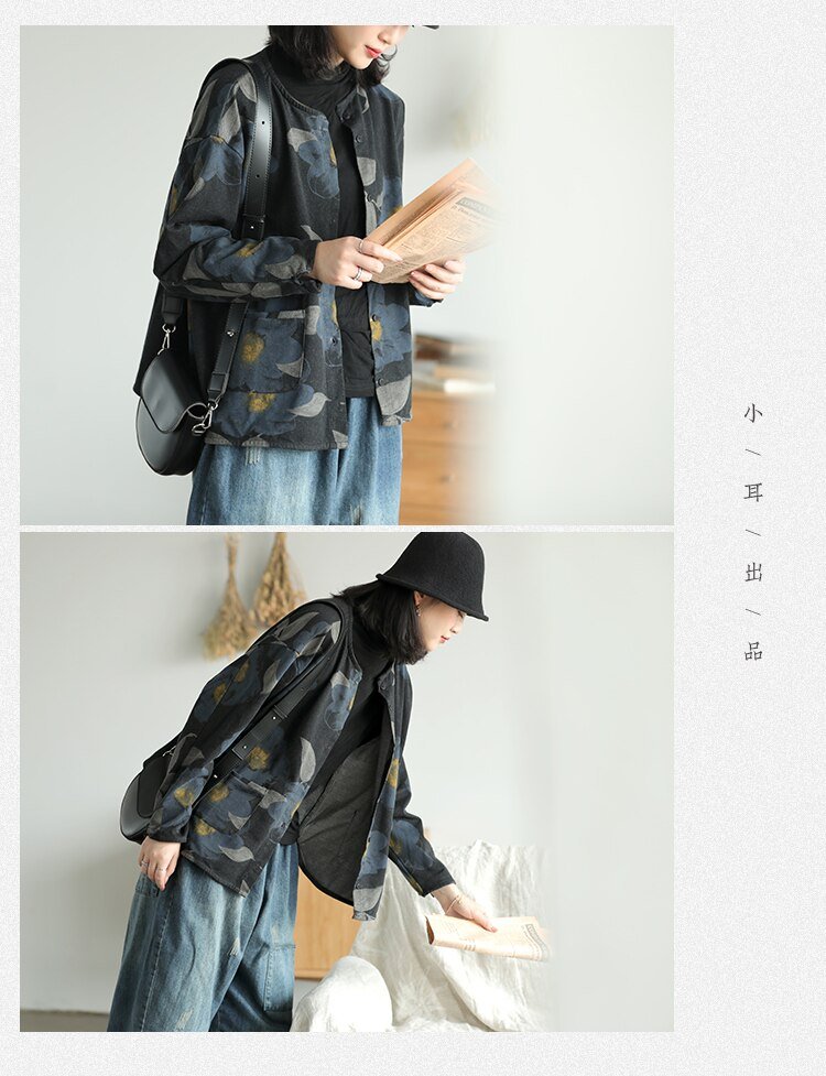 Autumn new style knitted denim print jacket women retro literary long-sleeved single-breasted pocket top 2830