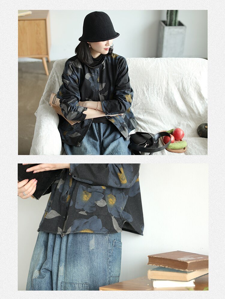 Autumn new style knitted denim print jacket women retro literary long-sleeved single-breasted pocket top 2830