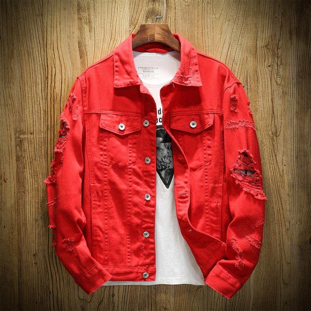 2020 Autumn New Men's Jean Jacket Slim Fit Cotton Denim Jacket Red White Black Ripped Hole Jean Coats Men Outwear Plus size