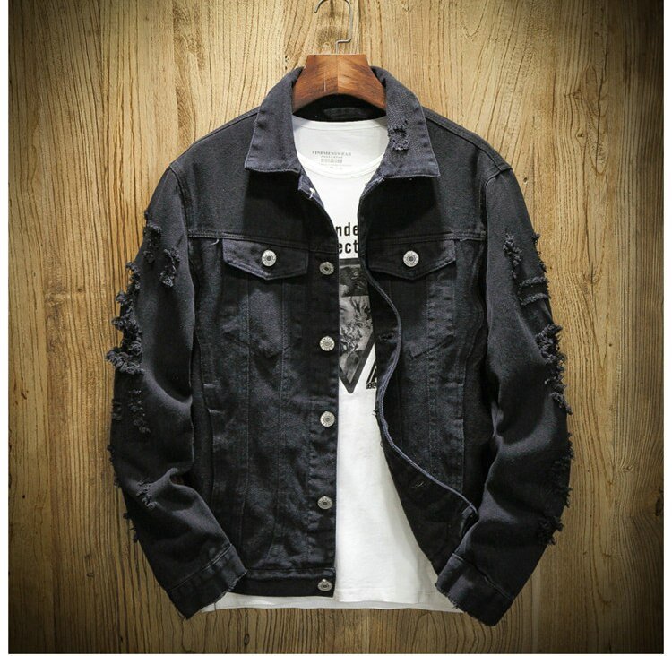 2020 Autumn New Men's Jean Jacket Slim Fit Cotton Denim Jacket Red White Black Ripped Hole Jean Coats Men Outwear Plus size