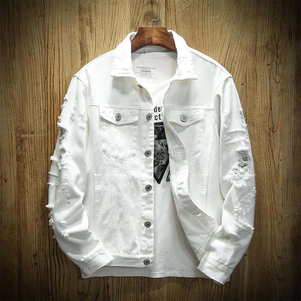 2020 Autumn New Men's Jean Jacket Slim Fit Cotton Denim Jacket Red White Black Ripped Hole Jean Coats Men Outwear Plus size