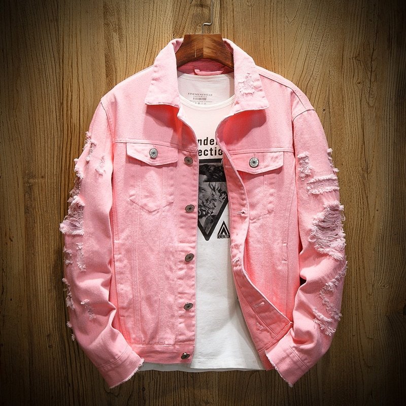 2020 Autumn New Men's Jean Jacket Slim Fit Cotton Denim Jacket Red White Black Ripped Hole Jean Coats Men Outwear Plus size