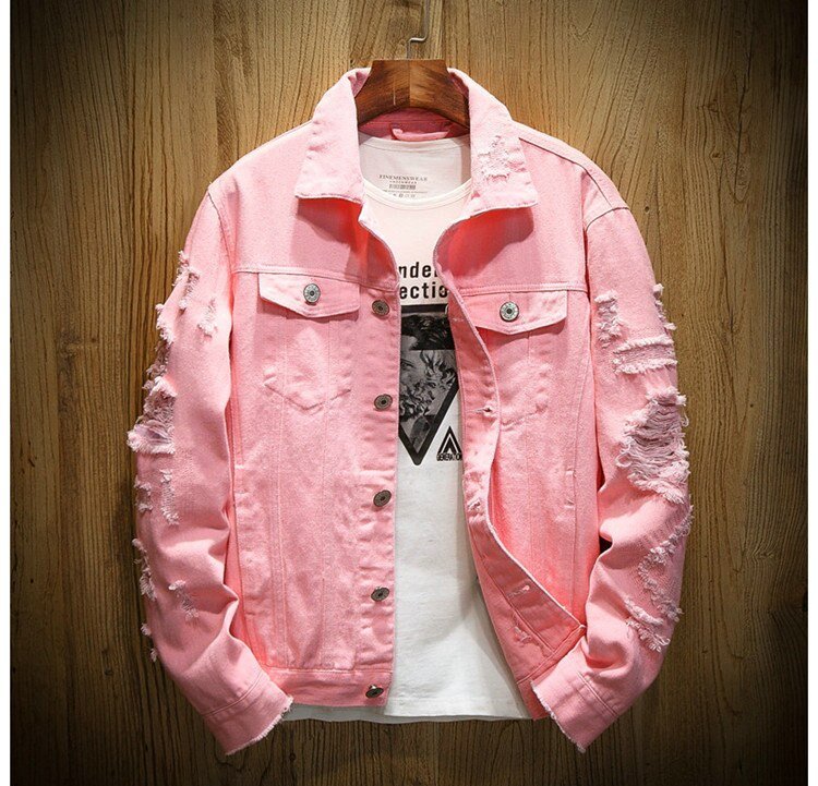 2020 Autumn New Men's Jean Jacket Slim Fit Cotton Denim Jacket Red White Black Ripped Hole Jean Coats Men Outwear Plus size