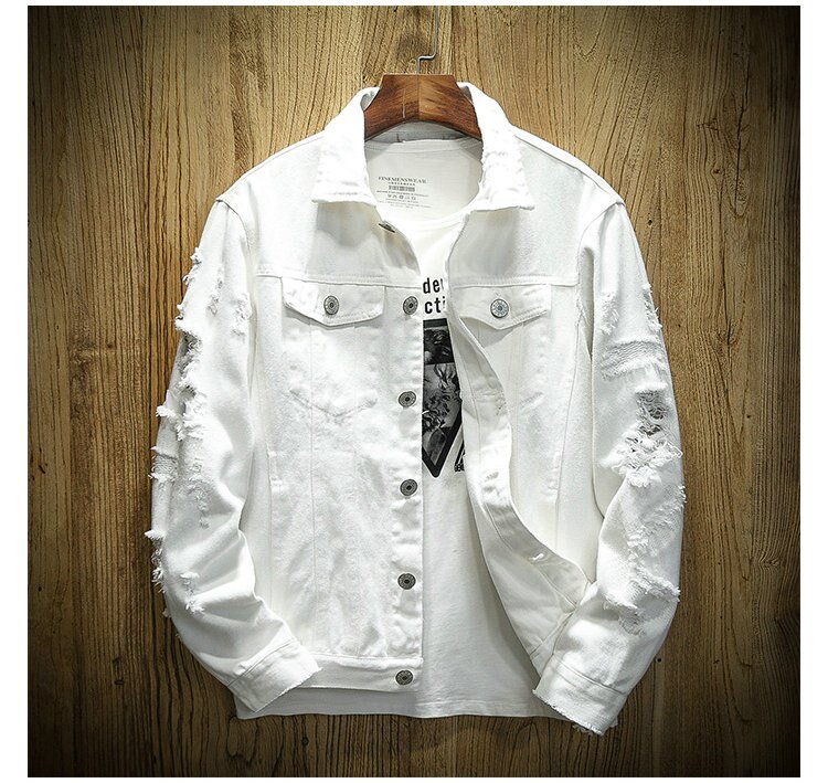 2020 Autumn New Men's Jean Jacket Slim Fit Cotton Denim Jacket Red White Black Ripped Hole Jean Coats Men Outwear Plus size