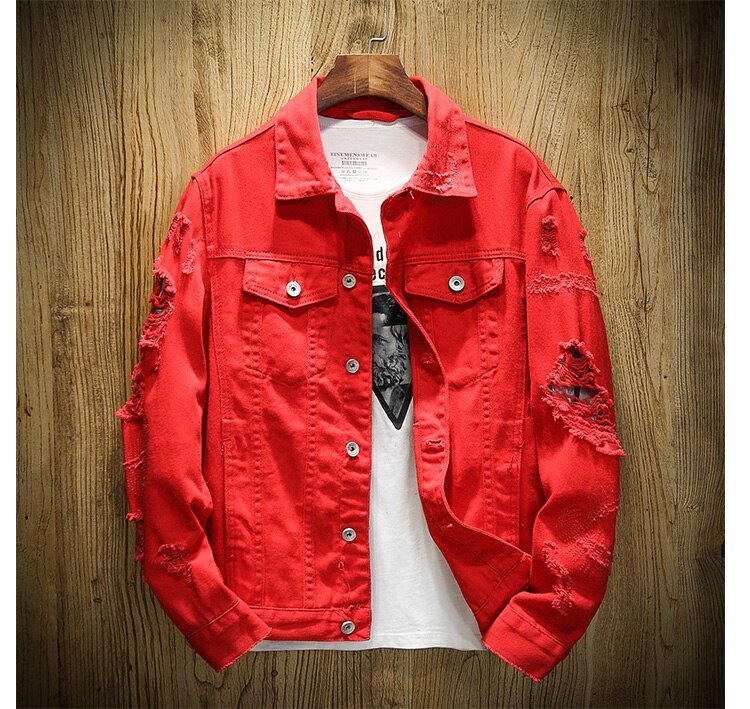 2020 Autumn New Men's Jean Jacket Slim Fit Cotton Denim Jacket Red White Black Ripped Hole Jean Coats Men Outwear Plus size