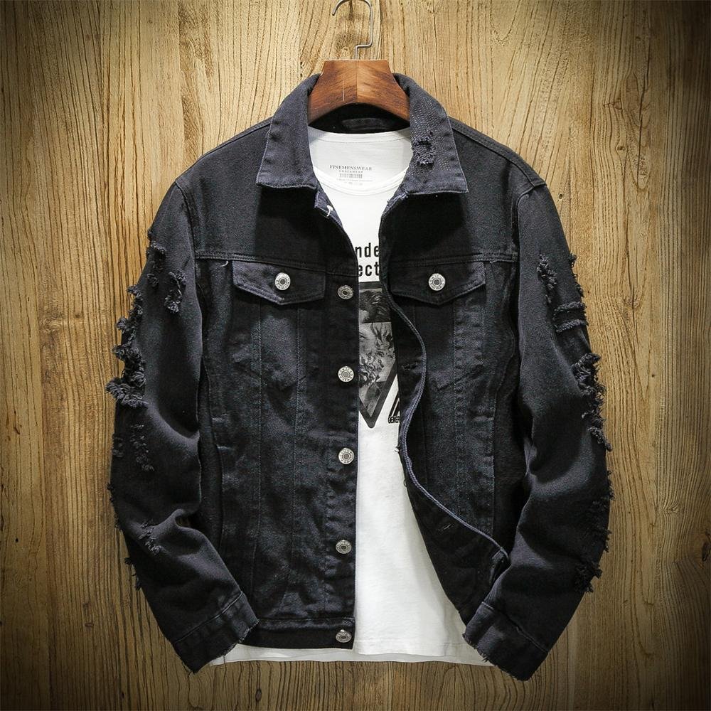 2020 Autumn New Men's Jean Jacket Slim Fit Cotton Denim Jacket Red White Black Ripped Hole Jean Coats Men Outwear Plus size