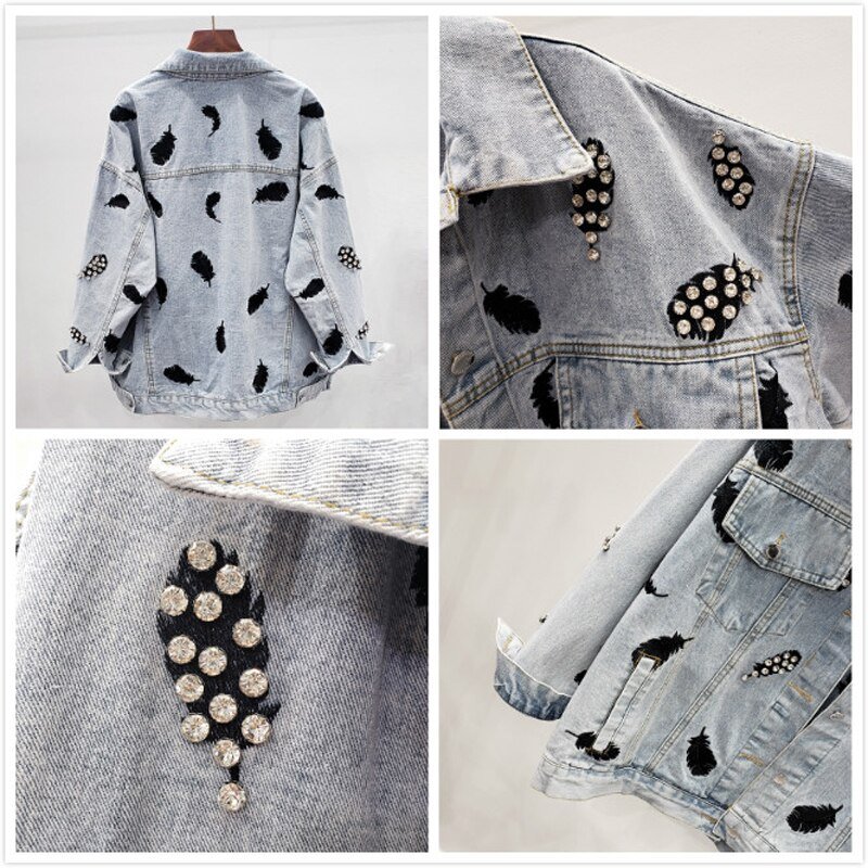 2020 Spring Autumn Vintage Blue Embroidery Women Denim Jacket Chic Diamonds Casual Loose Jeans Coat Female Cowboy Outwear Tops 2020 Spring Autumn Vintage Blue Embroidery Women Denim Jacket Chic Diamonds Casual Loose Jeans Coat Female Cowboy Outwear Tops