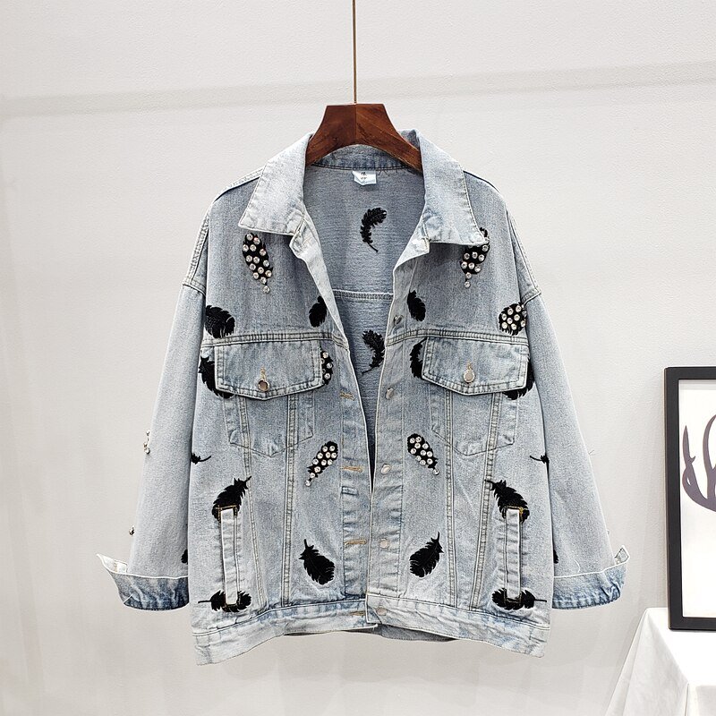 2020 Spring Autumn Vintage Blue Embroidery Women Denim Jacket Chic Diamonds Casual Loose Jeans Coat Female Cowboy Outwear Tops 2020 Spring Autumn Vintage Blue Embroidery Women Denim Jacket Chic Diamonds Casual Loose Jeans Coat Female Cowboy Outwear Tops
