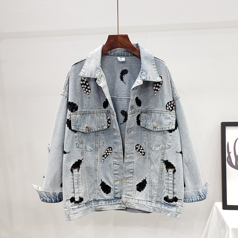 2020 Spring Autumn Vintage Blue Embroidery Women Denim Jacket Chic Diamonds Casual Loose Jeans Coat Female Cowboy Outwear Tops 2020 Spring Autumn Vintage Blue Embroidery Women Denim Jacket Chic Diamonds Casual Loose Jeans Coat Female Cowboy Outwear Tops