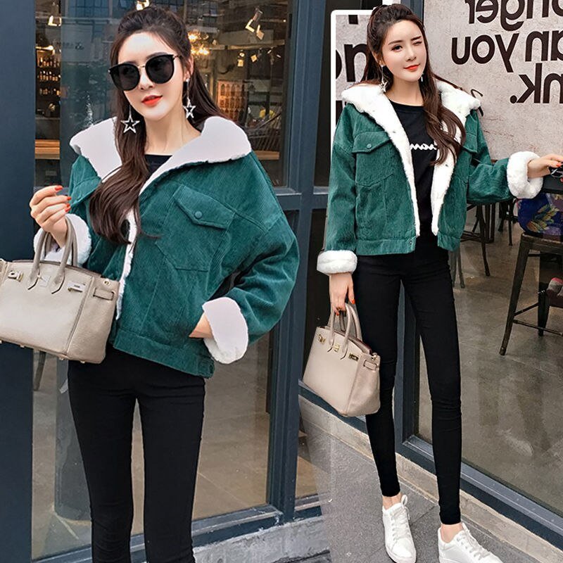 2020 New Winter Warm Fur Jeans Jacket Women Bomber Jacket soft Corduroy Denim Jacket Female Coat Warm Lining & 4 Pockets jacket