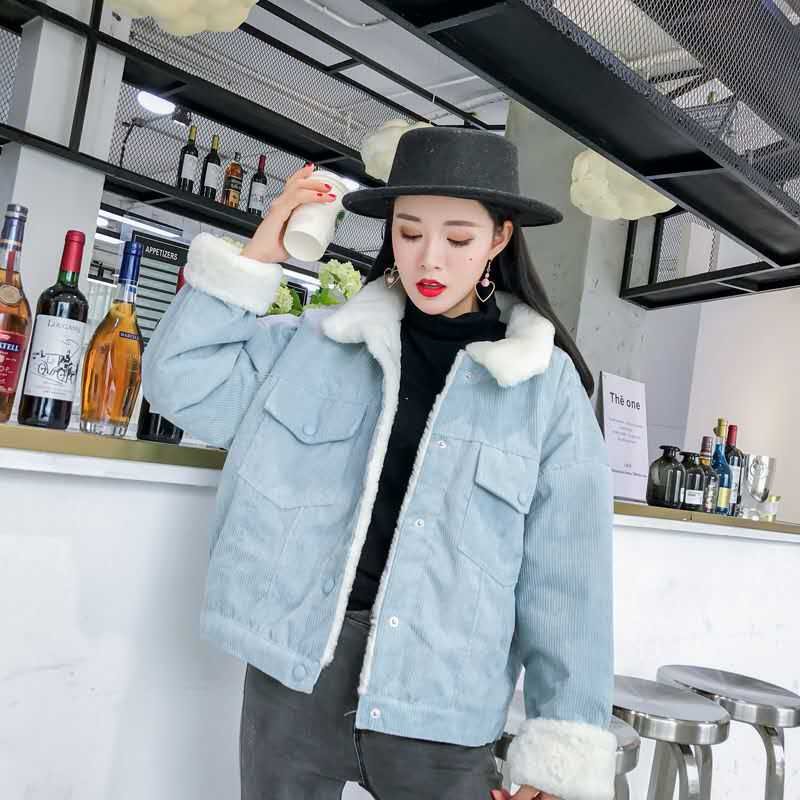 2020 New Winter Warm Fur Jeans Jacket Women Bomber Jacket soft Corduroy Denim Jacket Female Coat Warm Lining & 4 Pockets jacket