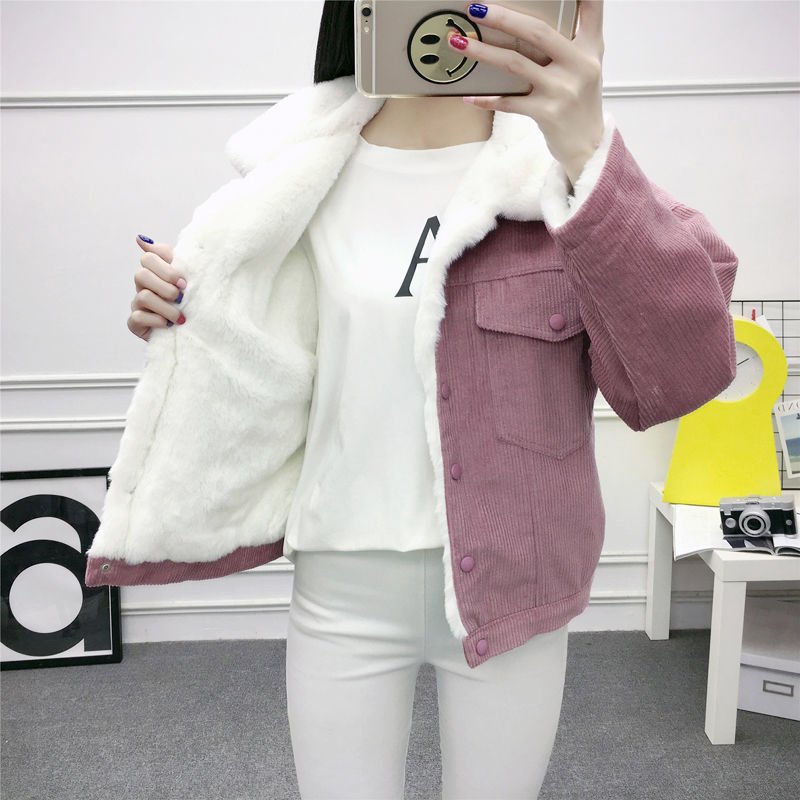 2020 New Winter Warm Fur Jeans Jacket Women Bomber Jacket soft Corduroy Denim Jacket Female Coat Warm Lining & 4 Pockets jacket