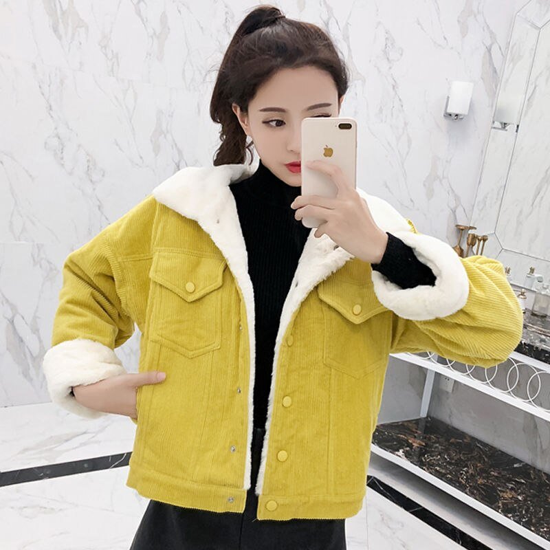 2020 New Winter Warm Fur Jeans Jacket Women Bomber Jacket soft Corduroy Denim Jacket Female Coat Warm Lining & 4 Pockets jacket