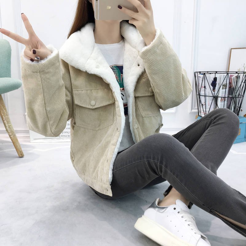 2020 New Winter Warm Fur Jeans Jacket Women Bomber Jacket soft Corduroy Denim Jacket Female Coat Warm Lining & 4 Pockets jacket