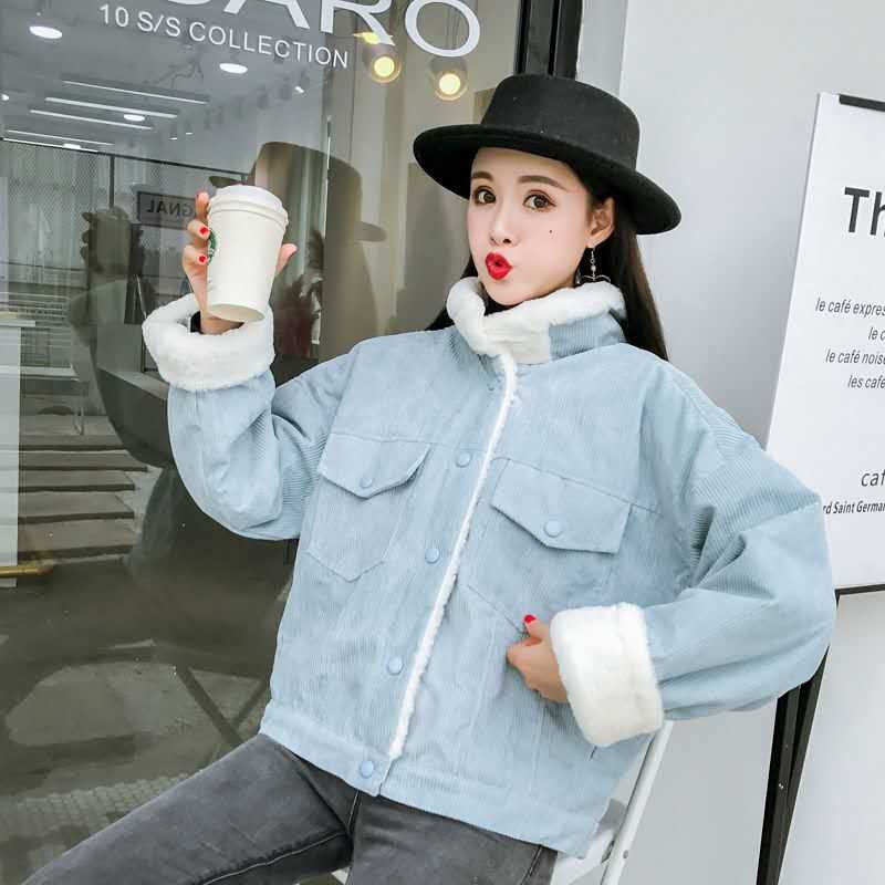 2020 New Winter Warm Fur Jeans Jacket Women Bomber Jacket soft Corduroy Denim Jacket Female Coat Warm Lining & 4 Pockets jacket