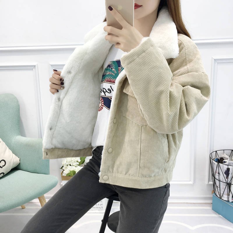2020 New Winter Warm Fur Jeans Jacket Women Bomber Jacket soft Corduroy Denim Jacket Female Coat Warm Lining & 4 Pockets jacket