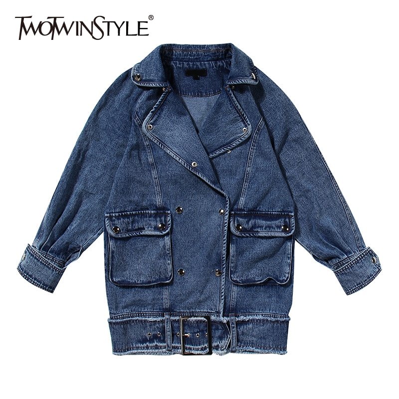 TWOTWINSTYLE Casual Denim Jacket For Women Lapel Long Sleeve Pocket Loose Jackets Female 2020 Autumn Fashion New Tide Clothing