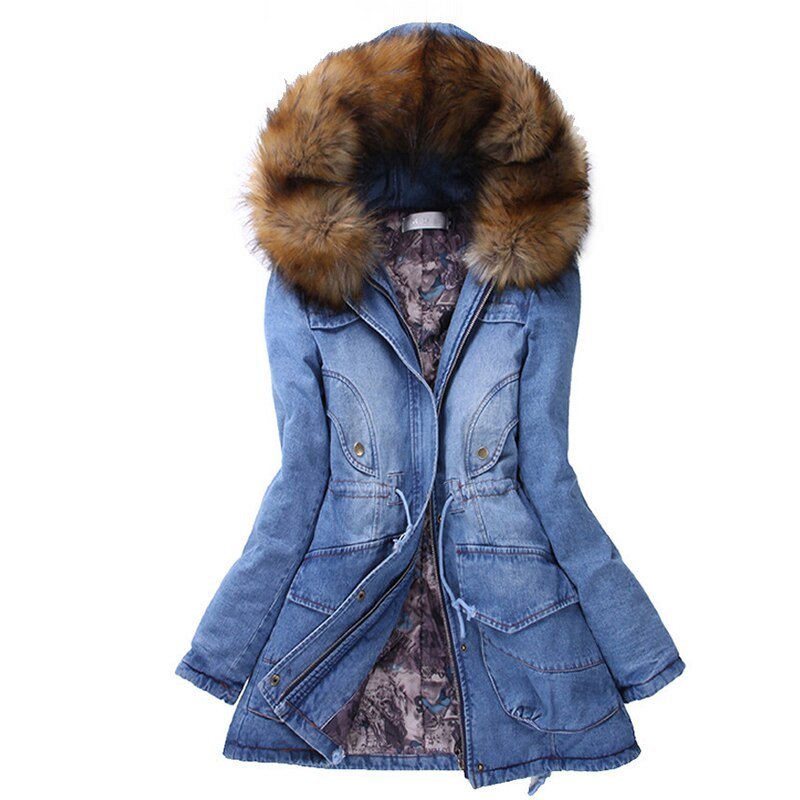 Women Winter Denim Parkas Long Thick Fur Collar Hooded Warm Down Jacket Female Cotton Coat Outwear Women Winter Denim Parkas Long Thick Fur Collar Hooded Warm Down Jacket Female Cotton Coat Outwear