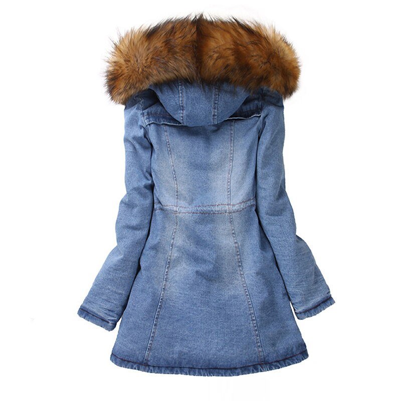 Women Winter Denim Parkas Long Thick Fur Collar Hooded Warm Down Jacket Female Cotton Coat Outwear Women Winter Denim Parkas Long Thick Fur Collar Hooded Warm Down Jacket Female Cotton Coat Outwear