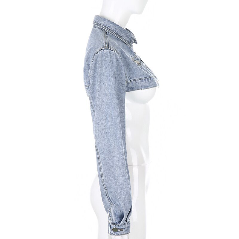Rockmore Button Up Y2K Cropped Jeans Jackets Women Turn-down Collar Denim Jacket Vintage Long Sleeve Outwear Coats Streetwear