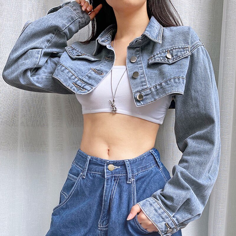 Rockmore Button Up Y2K Cropped Jeans Jackets Women Turn-down Collar Denim Jacket Vintage Long Sleeve Outwear Coats Streetwear
