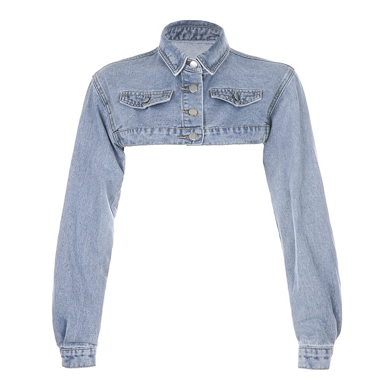 Rockmore Button Up Y2K Cropped Jeans Jackets Women Turn-down Collar Denim Jacket Vintage Long Sleeve Outwear Coats Streetwear