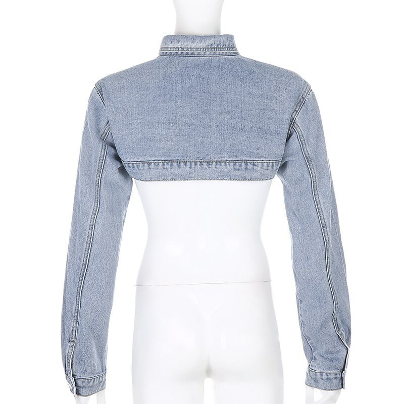 Rockmore Button Up Y2K Cropped Jeans Jackets Women Turn-down Collar Denim Jacket Vintage Long Sleeve Outwear Coats Streetwear