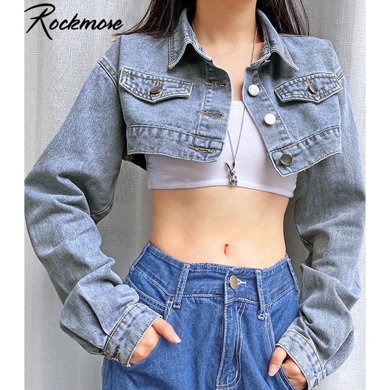 Rockmore Button Up Y2K Cropped Jeans Jackets Women Turn-down Collar Denim Jacket Vintage Long Sleeve Outwear Coats Streetwear