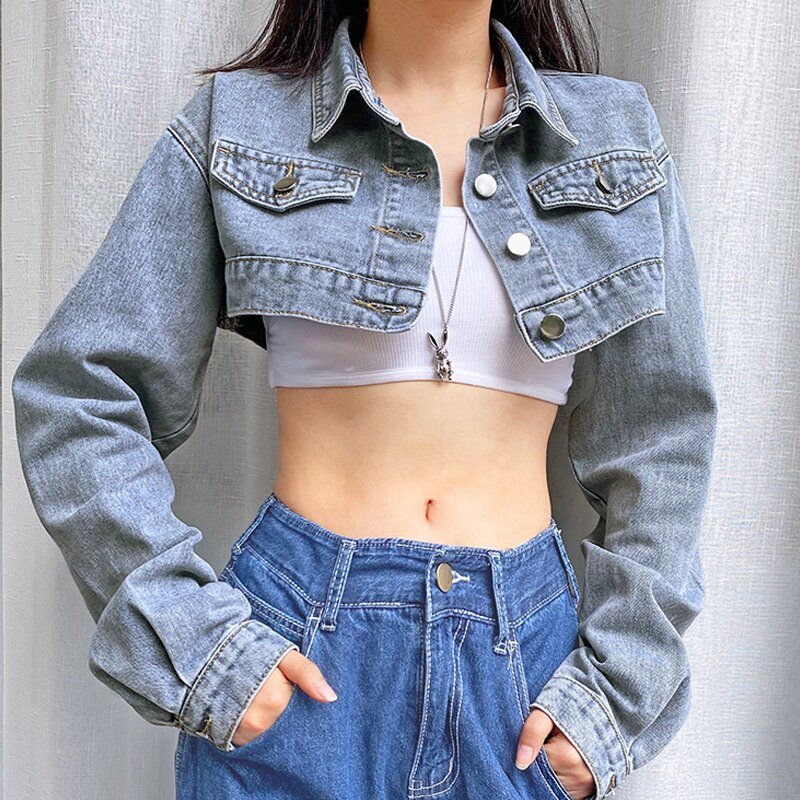 Rockmore Button Up Y2K Cropped Jeans Jackets Women Turn-down Collar Denim Jacket Vintage Long Sleeve Outwear Coats Streetwear