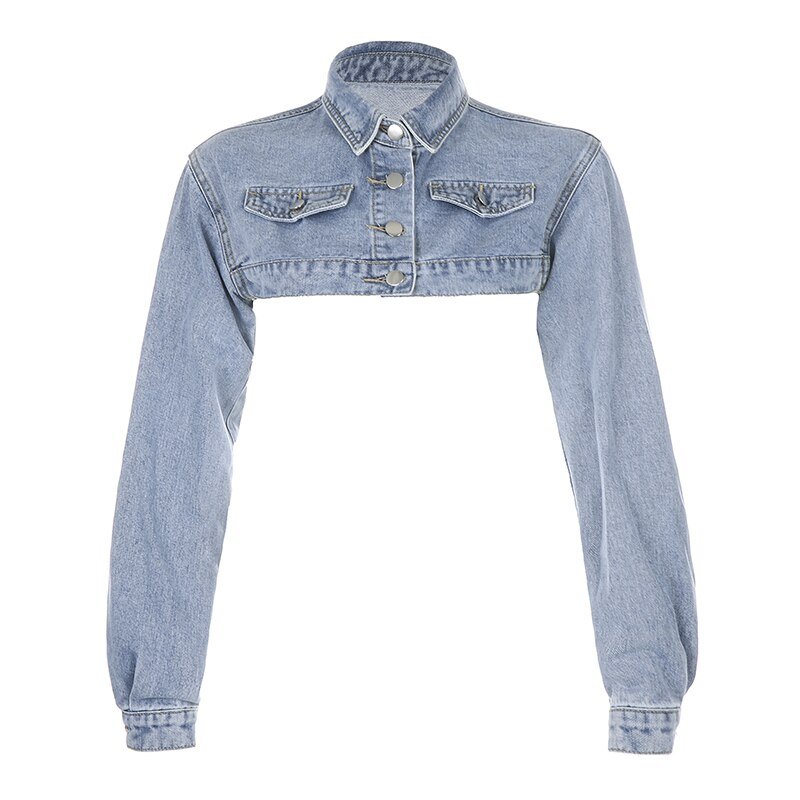 Rockmore Button Up Y2K Cropped Jeans Jackets Women Turn-down Collar Denim Jacket Vintage Long Sleeve Outwear Coats Streetwear